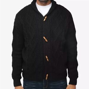 Men's Black Shawl Collar Cable Knit Sweater - Size L